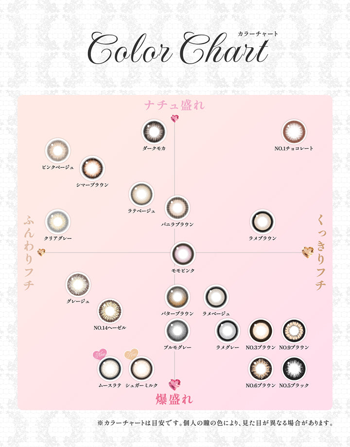 カラーチャート(Color Chart),ナチュ盛れ × ふんわりフチ:ダークモカ ピンクベージュ シマーブラウン ラテベージュ クリアグレー,ナチュ盛れ × くっきりフチ:NO.1 チョコレート バニラブラウン ラメブラウン,爆盛れ × ふんわりフチ:グレージュ NO.14 ヘーゼル ムースラテ シュガーミルク,爆盛れ × くっきりフチ:モモピンク ラメグレー ラメベージュ バターブラウン プルモグレー NO.3ブラウン NO.5ブラック NO.6ブラウン NO.9ブラウン | シークレットキャンディーマジックワンデー Secret Candymagic 1Day カラコン カラーコンタクト