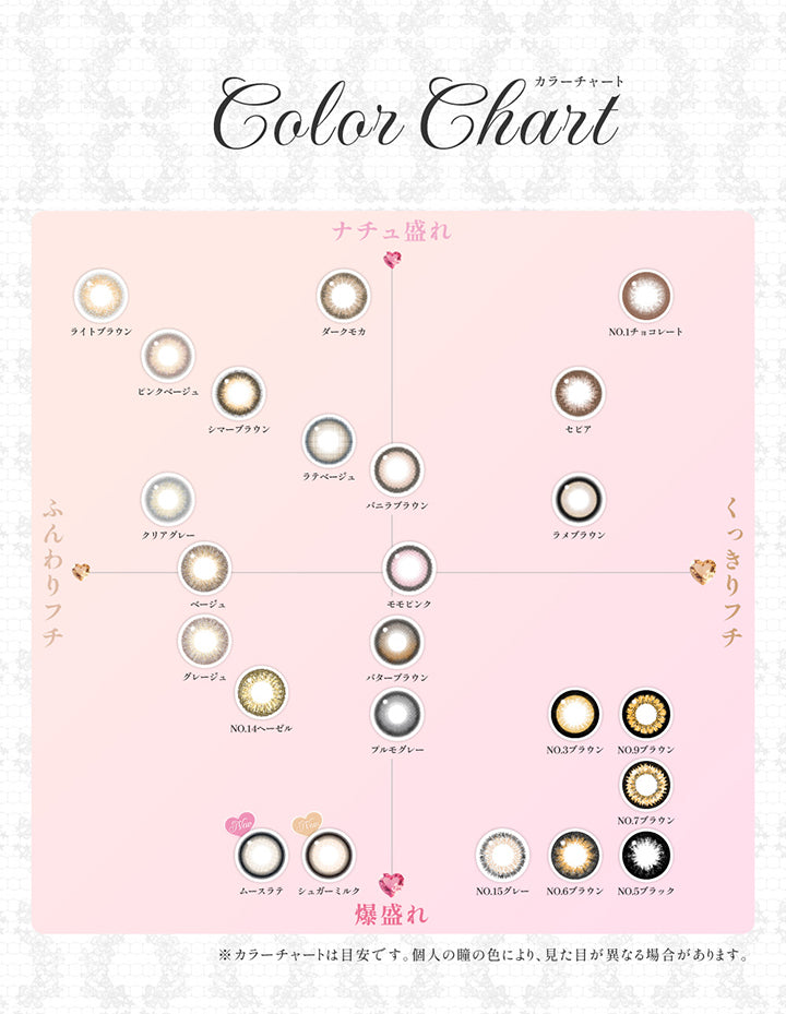 カラーチャート(Color Chart),ナチュ盛れ × ふんわりフチ:ライトブラウン ピンクベージュ シマーブラウン ラテベージュ クリアグレー ベージュ,ナチュ盛れ × くっきりフチ:バニラブラウン NO.1 チョコレート セピア ラメブラウン モモピンク,爆盛れ × ふんわりフチ:グレージュ NO.14 ヘーゼル ムースラテ シュガーミルク,爆盛れ × くっきりフチ: モグレー ダークモカ NO.3 ブラウン NO.5 ブラック NO.6 ブラウン NO.9 ブラウン プ モグレー ダークモカ NO.3 ブラウン NO.5 ブラック NO.6 ブラウン NO.9 ブラウン | シークレットキャンディーマジックワンマンス Secret Candymagic 1Month カラコン カラーコンタクト