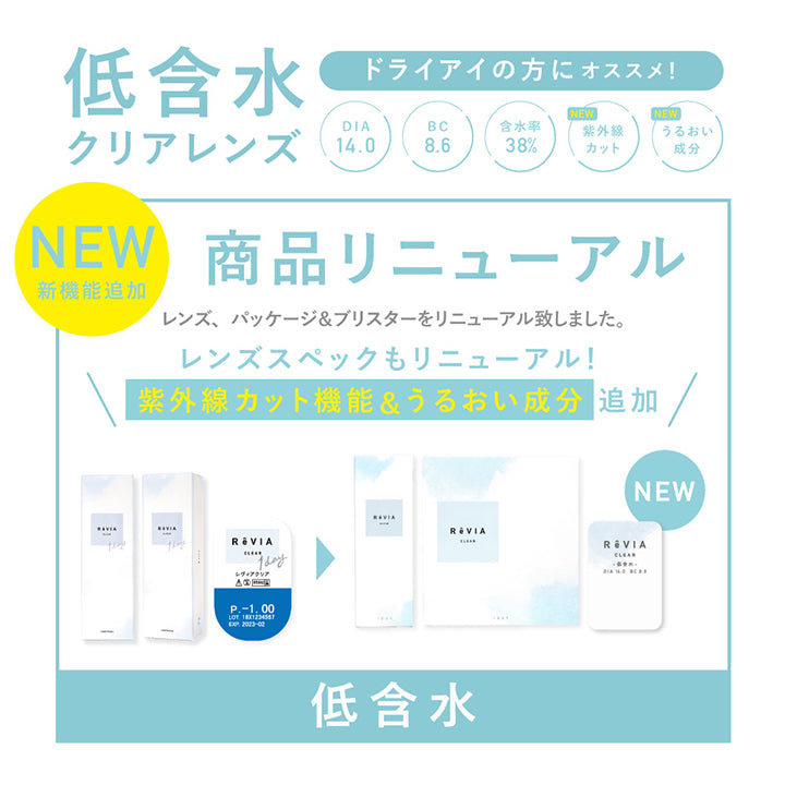 レヴィア クリア ワンデー,商品リニューアル,レンズ、パッケージ&ブリスターリニューアル,DIA14.0mm,低含水率38.6%,30枚,低含水クリア|レヴィア クリア ワンデー(ReVIA CLEAR 1day) コンタクトレンズ