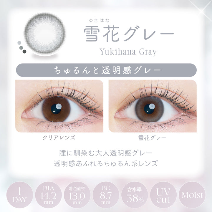 カイカ(Kaica),雪花グレー(Yikihana Gray),装用比較,ちゅるんと透明感グレー,瞳に馴染む大人透明感グレー,透明感あふれるちゅるん系レンズ,1day,DIA14.2mm,着色直径13.0mm,BC8.7mm,含水率58.0%,UVcut,Moist | カイカ Kaica 1day カラコン カラーコンタクト