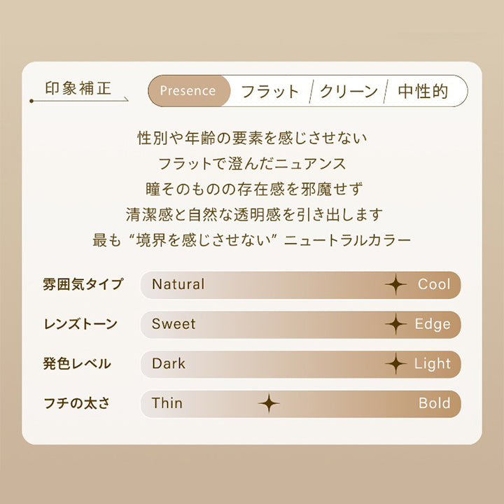 ニュートラルオーラ(Neutral Aura),印象補正,Presence:フラット クリーン 中性的,性別や年齢の要素を感じさせない、フラットで澄んだニュアンス。,瞳そのものの存在感を邪魔せず、清潔感と自然な透明感を引き出します。,最も“境界を感じさせない”ニュートラルカラー。,雰囲気タイプ:クール,レンズトーン:エッジ,発色レベル:ライト,フチの太さ:やや細め | ハイディ Haidey 1day カラコン カラーコンタクト