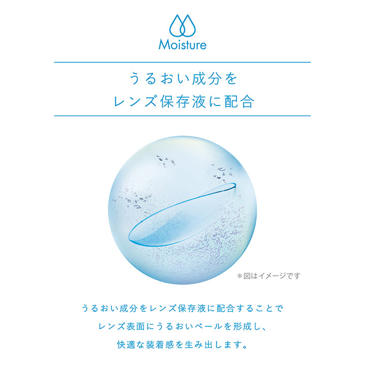 Moisture, うるおい成分をレンズ保存液に配合, うるおい成分をレンズ保存液に配合することでレンズ表面にうるおいベールを形成し、快適な装着感を生み出します。 | エルコンワンデーモイスチャー L-CON 1DAY Moisture 1day カラコン カラーコンタクト