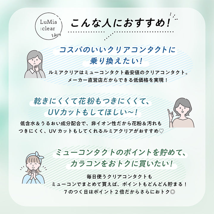 こんな人におすすめ!,LuMia:clear1day,コスパのいいクリアコンタクトに乗り換えたい!,ルミアクリアはミューコンタクト最安値のクリアコンタクト。メーカー直営店だからできる低価格を実現!,乾きにくくて花粉もつきにくくて、UVカットもしてほしい~!,低含水&うるおい成分配合で、非イオン性だから花粉&汚れもつきにくく、UVカットもしてくれるルミアクリアがおすすめ♡,ミューコンタクトのポイントを貯めて、カラコンをおトクに買いたい!,毎日使うクリアコンタクトもミューコンでまとめて買えば、ポイントもどんどん貯まる! 7のつく日はポイント2倍だからさらにおトク