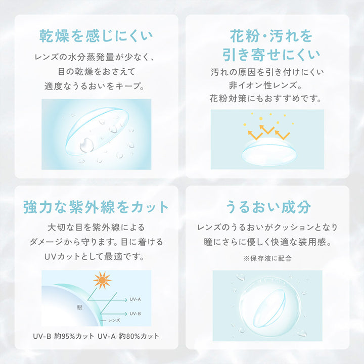 乾燥を感じにくい:レンズの水分蒸発量が少なく、目の乾燥をおさえて適度なうるおいをキープ。, 花粉・汚れを引き寄せにくい:汚れの原因を引き付けにくい非イオン性レンズ。花粉対策にもおすすめです。, 強力な紫外線をカット:大切な目を紫外線によるダメージから守ります。目に着けるUVカットとして最適です。, うるおい成分:レンズのうるおいがクッションとなり瞳にさらに優しく快適な装用感。※保存液に配合 | レヴィアクリアワンデー ReVIA CLEAR 1day 低含水 30枚 コンタクトレンズ クリアコンタクト