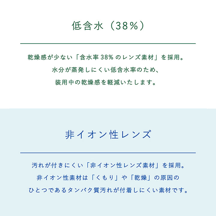 低含水(38%):乾燥感が少ない「含水率38%のレンズ素材」を採用。水分が蒸発しにくい低含水率のため、装用中の乾燥感を軽減いたします。, 非イオン性レンズ:汚れが付きにくい「非イオン性レンズ素材」を採用。非イオン性素材は「くもり」や「乾燥」の原因のひとつであるタンパク質汚れが付着しにくい素材です。 | エルコンワンデーモイスチャー L-CON 1DAY Moisture 1day カラコン カラーコンタクト