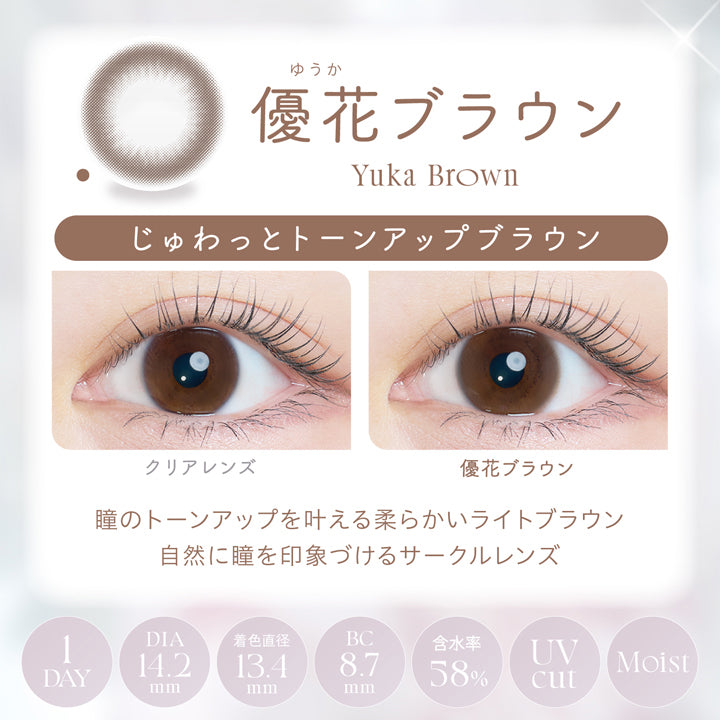 カイカ(Kaica),優花ブラウン(Yuka Brown),装用比較,じゅわっとトーンアップブラウン,瞳のトーンアップを叶える柔らかいライトブラウン,自然に瞳を印象づけるサークルレンズ,1day,DIA14.2mm,着色直径13.4mm,BC8.7mm,含水率58.0%,UVcut,Moist | カイカ Kaica 1day カラコン カラーコンタクト