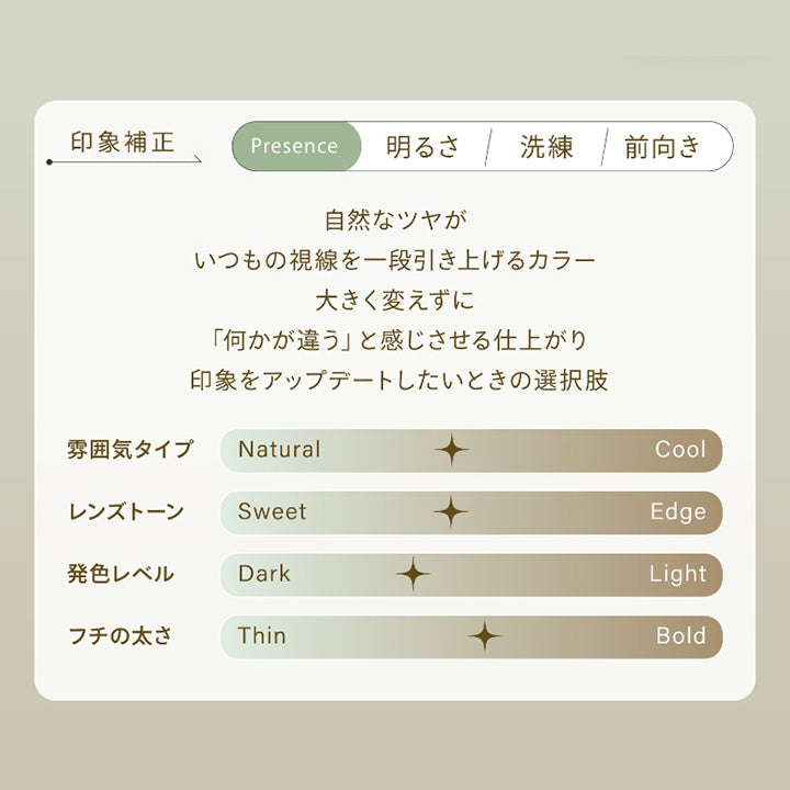 アップデートグロウ(Update Grow),印象補正,Presence:明るさ 洗練 前向き,自然なツヤが、いつもの視線を一段引き上げるカラー。,大きく変えずに「何かが違う」と感じさせる仕上がり。,印象をアップデートしたいときの選択肢。,雰囲気タイプ:ややナチュラル,レンズトーン:やや甘め,発色レベル:ややダーク,フチの太さ:中間 | ハイディ Haidey 1day カラコン カラーコンタクト