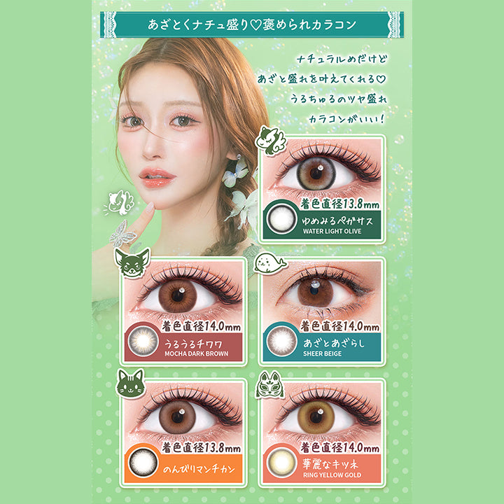 あざとくナチュ盛り♡褒められカラコン,ナチュラルめだけど,あざと盛れを叶えてくれる♡,うろちゅろのツヤ盛れ,カラコンがいい!,着色直径13.8mm,ゆめみるペガサス,Water Light Olive,着色直径14.0mm,うるうるチワワ,Mocha Dark Brown,着色直径14.0mm,あざとあざらし,Sheer Beige,着色直径13.8mm,のんびリマンチカン,着色直径14.0mm,華麗なキツネ,Ring Yellow Gold|フルーリーバイカラーズ(Flurry by colors) 1day カラコン カラーコンタクト