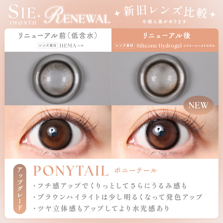 シーワンマンス(Sie.1Month) Renewal 新旧レンズ比較※個人差があります,リニューアル前(高含水):ヒオキシフィルコンA のレンズ画像と装用画像,リニューアル後(new):シリコーンハイドロゲルのレンズ画像と装用画像,ポニーテール(Ponytail),アップグレード,·フチ感アップでくりっとしてさらにうるみ感も ·ブラウンハイライトは少し明るくなって発色アップ ·ツヤ立体感もアップしてより水光感あり | シーワンマンス Sie.1Month カラコン カラーコンタクト