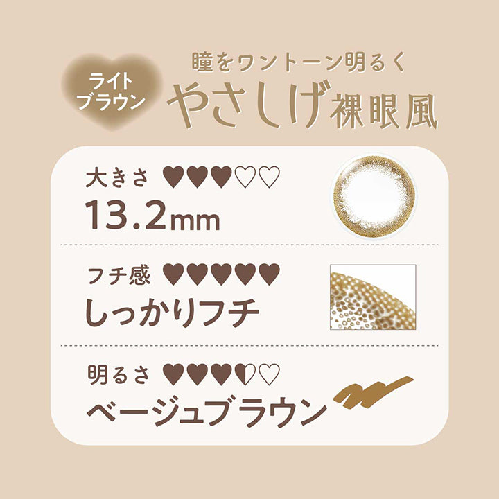 ライトブラウン(Light Brown) 瞳をワントーン明るくやさしげ裸眼風,やや大きめ,しっかりフチ,ベージュブラウン DIA14.0mm 着色部外径13.2mm BC8.6mm 含水率42.5% UVカット うるおい成分 | ネオサイトワンデーリングUv Neosight Oneday Ring Uv カラコン カラーコンタクト