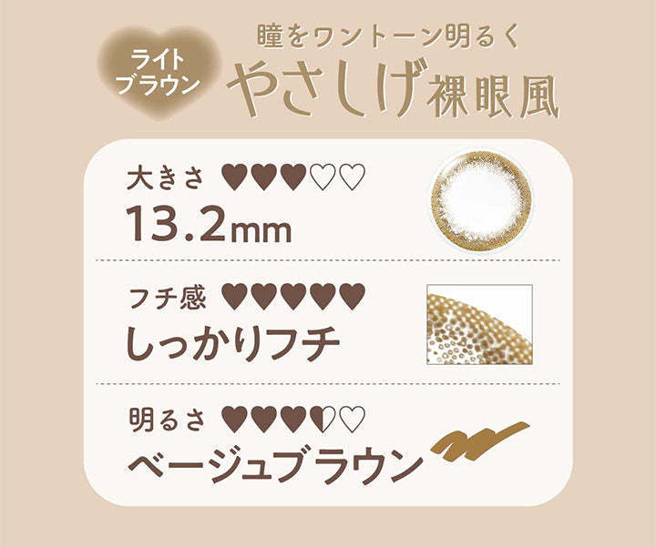 ネオサイトワンデーリングUV(NeoSight1day Ring UV),瞳をワントーン明るく,やさしげ裸眼風,ライトブラウン,大きさ,13.2mm,フチ感,しっかりフチ,明るさ,ベージュブラウン|ネオサイトワンデーリングUV NeoSight1day Ring UV カラコン カラーコンタクト