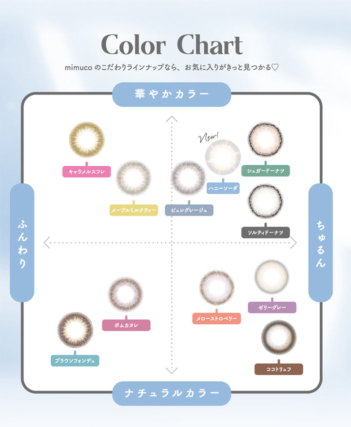 ミムコ(mimuco),Color Chart,mimucoのこだわりラインナップなら、お気に入りがきっと見つかる,華やかカラー,ちゅるん,ふんわり,ナチュラルカラー|ミムコ mimuco カラコン カラーコンタクト