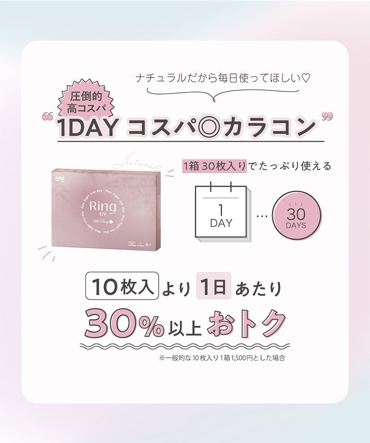 ネオサイトワンデーリングUV(NeoSight1day Ring UV),ナチュラルだから毎日使ってほしい♡,圧倒的高コスパ,1DAYコスパ◎カラコン,1箱30枚入りで多たっぷり使える,1DAY,30DAYS,10枚入りより1日あたり30%以上おトク,※一般的な10枚入り1箱1,500円とした場合|ネオサイトワンデーリングUV NeoSight1day Ring UV カラコン カラーコンタクト