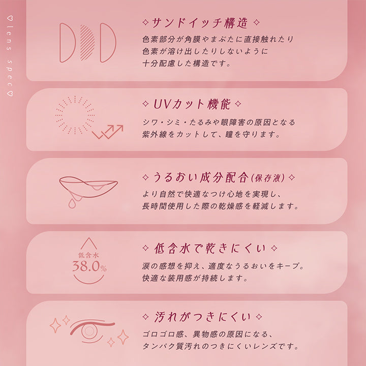 ♡lens spec♡, サンドイッチ構造, 色素部分が角膜やまぶたに直接触れたり色素が溶け出したりしないように十分配慮した構造です。, UVカット機能, シワ·シミ·たるみや眼障害の原因となる紫外線をカットして、瞳を守ります。うるおい成分配合(保存液), より自然で快適なつけ心地を実現し、長時間使用した際の乾燥感を軽減します。, 低含水で乾きにくい, 涙の感想を抑え、適度なうるおいをキープ。快適な装用感が持続します。, 汚れがつきにくい, ゴロゴロ感、異物感の原因になる、タンパク質汚れのつきにくいレンズです。 | フェアリーラボワンデー FAIRY LABO 1Day カラコン カラーコンタクト