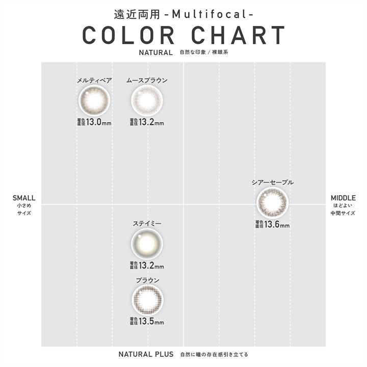 カラーチャート(Color Chart),遠近両用(Multifocal),ナチュラル(自然な印象 / 裸眼系) × 小さめサイズ:メルティベア(Melty Bear)着色直径13.0mm ムースブラウン(Muuse Brown)着色直径13.2mm,ナチュラル(自然な印象 / 裸眼系) × 中間サイズ:シアーセーブル(Sheer Sable) 着色直径13.6mm,自然に瞳の存在感を引き立てる × 小さめサイズ:ステイミー(Stay Me)着色直径13.2mm ブラウン(Brown)着色直径13.5mm | レヴィアマルチフォーカルワンデーカラー Revia multifocal 1Day Color 遠近両用 カラコン カラーコンタクト