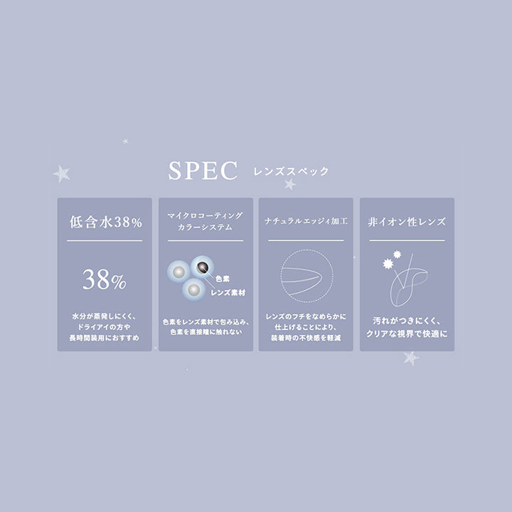 Spec レンズスペック, 低含水38% 水分が蒸発しにくく、ドライアイの方や長時間装用におすすめ, マイクロコーティングカラーシステム 色素をレンズ素材で包み込み、色素を直接瞳に触れさせない, ナチュラルエッジィ加工 レンズのフチをなめらかに仕上げることにより、装着時の不快感を軽減, 非イオン性レンズ 汚れが付きにくく、クリアな視界で快適に, 高度管理医療機器 販売名:MIワンデーレンズ, 承認番号:22500BZX00009000, 装用機関:1日使い捨て, 1箱入り枚数:10枚入り, 含水率:38%, BC:8.7mm, DIA:15.0mm, GDIA14.5/14.7mm| ウユワンデー Uyu 1DAY カラコン カラーコンタクト