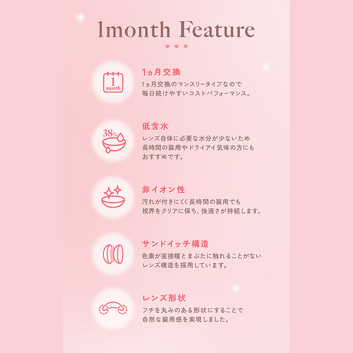 1month Feature, 1か月交換 1か月交換のマンスリータイプなので毎日続けやすいコストパフォーマンス。, 低含水 レンズ自体に必要な水分が少ないため、長時間の装用やドライアイ気味の方にもおすすめです。, 非イオン性 汚れが付きにくく長時間の装用でも視界をクリアに保ち、快適さが持続します。, サンドイッチ構造 色素が直接瞳と瞼に触れることがないレンズ構造を採用しています。, レンズ形状 フチを丸みのある形状にすることで自然な装用感を実現しました。| トパーズワンマンス TOPARDS 1month カラコン カラーコンタクト