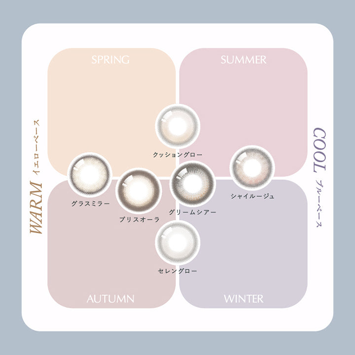 カラーチャート(Color Chart), Warm(イエローベース) Spring, クッショングロー(Cushion Glow) グラスミラー(Glass Mirror), Warm(イエローベース) Autumn, グラスミラー(Glass Mirror) ブリスオーラ(Bliss Aura) セレングロー(Selene Glow), Cool(ブルーベース) Summer, クッショングロー(Cushion Glow) シャイルージュ(Shy Rouge), Cool(ブルーベース) Winter, グリームシアー(Gleam Sheer) セレングロー(Selene Glow) | ワナフ Wanaf 1day カラコン カラーコンタクト