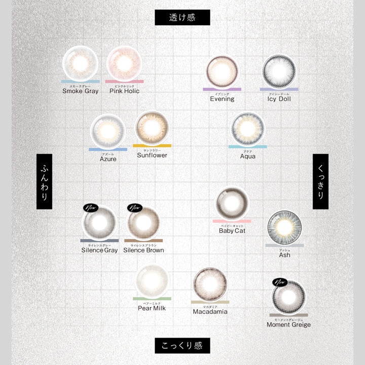 カラーチャート(Color Chart),透け感 × ふんわり:スモークグレー(Smoke Gray) ピンクホリック(Pink Holic) アズール(Azule) サンフラワー(Sunflower),透け感 × くっきり:イブニング(Evening) アイシードール(Icy Doll) アクア(Aqua),こっくり感 × ふんわり:サイレンスグレー(Silence Gray) サイレンスブラウン(Silence Brown) ペアーミルク(Pear Milk),こっくり感 × くっきり:ベイビーキャット(Baby Cat) アッシュ(Ash) マカダミア(Macadamia) モーメントグレージュ(Moment Greige) | クルーム Cruum 1day カラコン カラーコンタクト