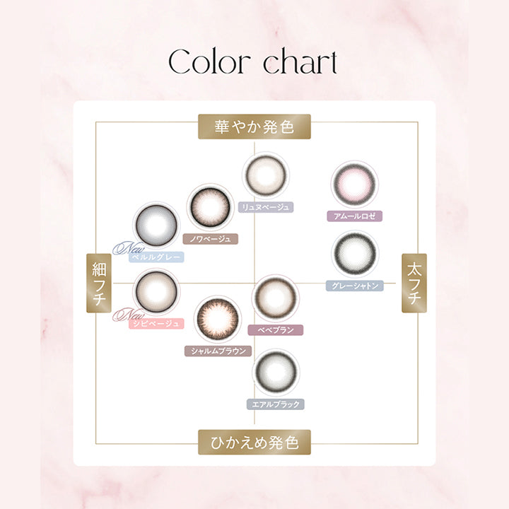 Color chart, 細フチ × 華やか発色 ノワベージュ New ペルルグレー, 細フチ × 控えめ発色 New シピベージュ シャルムブラウン, 太フチ × 華やか発色 リュヌベージュ アムールロゼ グレーシャトン, 太フチ × 控えめ発色 ベべブラン 絵あるブラック|キュプリエ Quprie 1day カラコン カラーコンタクト