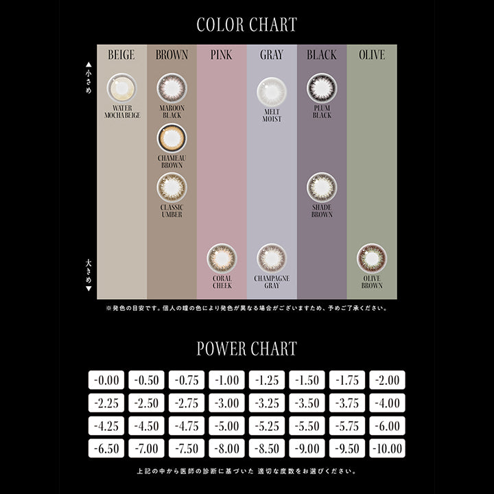 アンヴィ(envie),COLOR CHART,小さめ,BEIGE,WATER MOCHA BEIGE,BROWN,MAROON BLACK,CHAMEAU BROWN,CLASSIC UMBER,PINK,CORAL CHEEK,GRAY,MELT MOIST,CHAMPAGNE GRAY,BLACK,PLUM BLACK,SHADE BROWN,OLIVE,OLIVE BROWN,※発色の目安です。個人の瞳の色により発色が異なる場合がございますため、あらかじめご了承下さい。,POWER CHART,上記の中から医師の診断に基づいた適切な度数をお選びください。|アンヴィ envie カラコン ワンデー カラーコンタクト