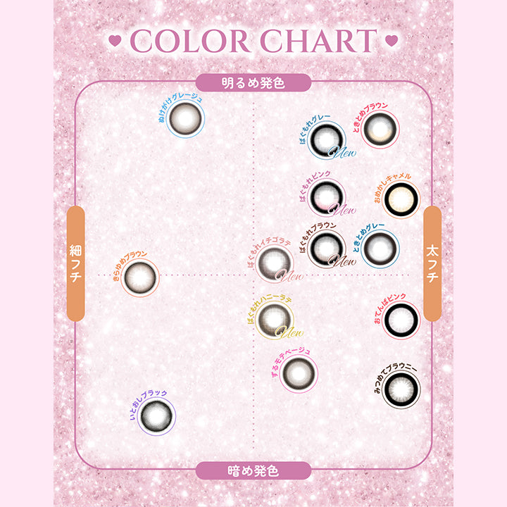 シャプン(Chapun)のカラーチャート,明るめ発色 × 細フチ:ぬけがけグレージュ きらゆめブラウン,明るめ発色 × 太フチ:ばぐもれピンク ばぐもれブラウン ばぐもれグレー ばぐもれイチゴラテ おめかしキャメル ときとめブラウン ときとめグレー,暗め発色 × 細フチ:いとおしブラック,暗め発色 × 太フチ :ばぐもれハニーラテ おてんばピンク みつめてブラウニー ずるモテベージュ | シャプン chapun 1day カラコン カラーコンタクト