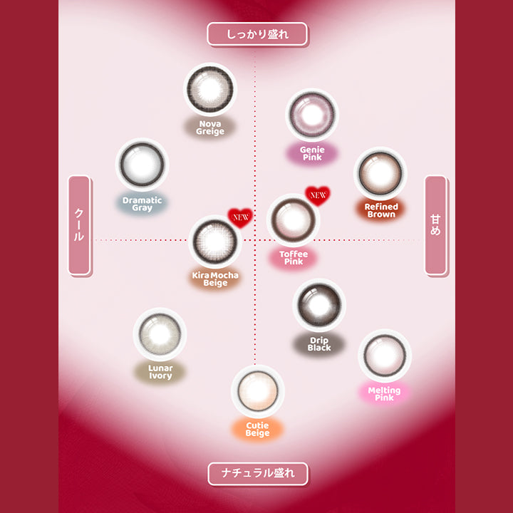 (カラーチャート),All 10 colors Color Chart,しっかり盛れ × クール:ドラマティックグレー(Dramatic Gray) ノヴァグレージュ(Nova Greige) Newキラモカベージュ(Kira Mocha Beige),しっかり盛れ × 甘め:トフィーピンク(Toffee Pink) リファインドブラウン(Refined Brown) ジェニーピンク(Genie Pink),ナチュラル盛れ × クール:キューティーベージュ(Cutie Beige) ルナーアイボリー(Lunar Ivory),ナチュラル盛れ × 甘め:ドリップブラック(Drip Black) メルティングピンク(Melting Pink) | エーアイ a-eye 1day カラコン カラーコンタクト