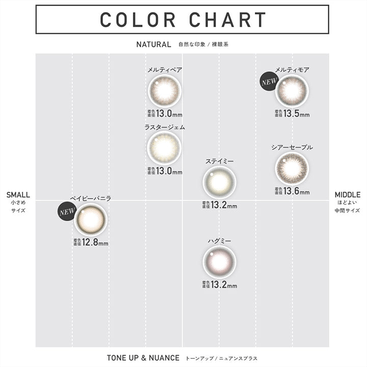 Color Chart, Natural(自然な印象 / 裸眼系) × Small(小さめサイズ), メルティベア(Melty Bear) 着色直径13.0mm, ラスタージェム(Luster Gem) 着色直径13.0mm, Natural(自然な印象 / 裸眼系) × Middle(ほどよい中間サイズ), メルティモア(Meltymore) 着色直径13.5mm, シアーセーブル(Sheer Sable) 着色直径13.6mm, ステイミー(Stay Me) 着色直径13.2mm, Tone up & Nuance(トーンアップ / ニュアンス) × Small(小さめサイズ), ベイビーバニラ(Baby Vanilla) 着色直径12.8mm, Tone up & Nuance(トーンアップ / ニュアンス) × Middle(ほどよい中間サイズ), ハグミー(Hug Me) 着色直径13.2mm | レヴィアワンマンスカラー ReVIA 1MONTH COLOR カラコン カラーコンタクト