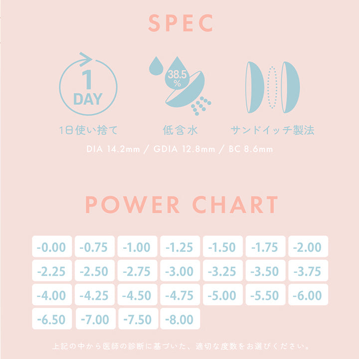 SPEC 1DAY,1日使い捨て,38.5%,低含水,サンドイッチ製法,DIA 14.2mm / GDIA 12.8mm / BC 8.6mm,医師の診断に基づいた、適切な度数をお選びください。 | ユリアアイドル カンナロゼ URIA i-DOL CANNA ROZE 1day カラコン カラーコンタクト