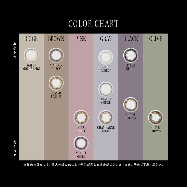 (カラーチャート),ウォーターモカベージュ(Water Mocha Beige)小さめベージュ,マルーンブラック(Maroon Black)小さめブラウン,クラシックアンバー(Classic Amber)小さめブラウン,コーラルチーク(Coral Cheek)大きめピンク,ミニュイシェル(Minuit Shell)大きめピンク,メルトモイスト(Melt Moist)小さめグレー,ミニュイグレージュ(Minuit Greige)グレー,シャンパングレイ(Champagne Gray)大きめグレー,プラムブラック(Plum Black)小さめブラック,シェードブラウン(Shade Brown)ブラック,オリーブブラウン(Olive Brown)オリーブ | アンヴィ envie 1day カラコン カラーコンタクト