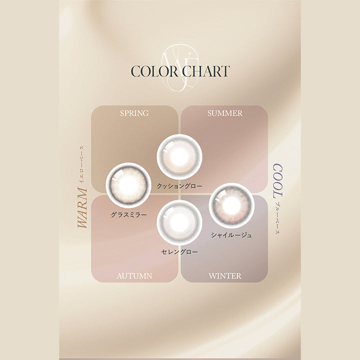 COLOR CHART, WARM イエローベース, SPRING × AUTMUN グラスミラー, SPRING × SUMMER クッショングロー, COOL ブルーベース, AUTUMN × WINTER セレングロー, WINTER × SUMMER シャイルージュ| ワナフ (WANAF) 1day カラコン カラーコンタクト