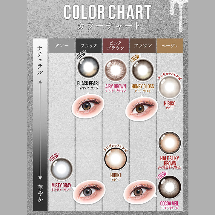 (カラーチャート)Color chart,New ミスティーグレー(Misty Gray) グレー × 華やか,New ブラックパール(Black Pearl)ブラック × ナチュラル,エアリーブラウン(Airy Brown) ピンクブラウン × ナチュラル,ヒビキ(Hibiki) プロデュースレンズ,New ハニーグロス(Honey Gloss) ブラウン × ナチュラル,ヒビコ(Hibico) プロデュースレンズ ベージュ × ナチュラル,ハーフシルキーブラウン(Half Silky Brown) ベージュ × 華やか,New ココアヴェール(Cocoa Veil) ベージュ × 華やか | カラーズ colors 1month monthly カラコン カラーコンタクト