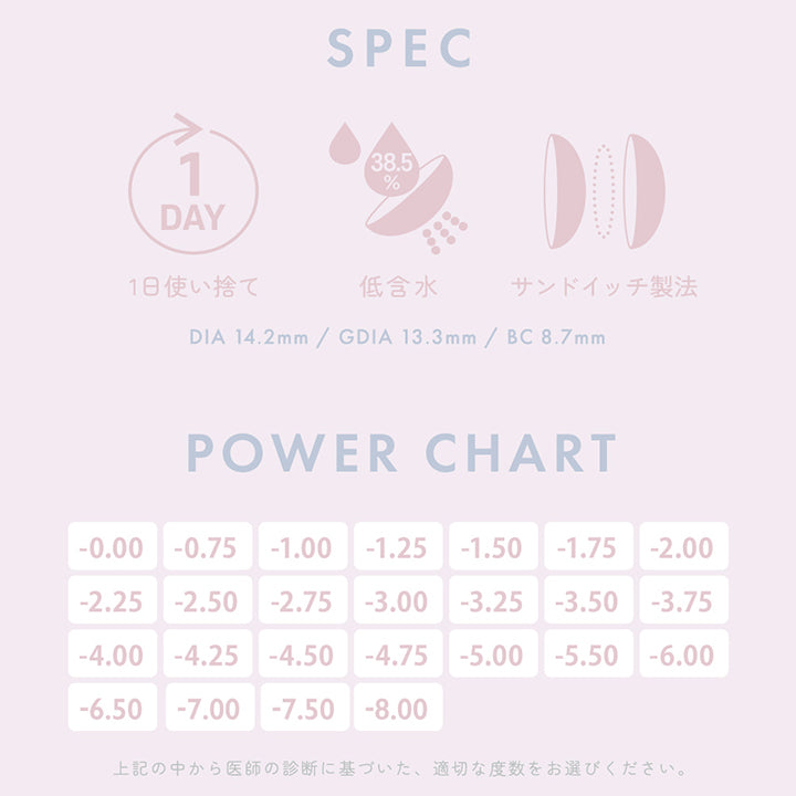 SPEC,38.5%,1DAY,1日使い捨て,低含水,サンドイッチ製法,DIA 14.2mm/GDIA 13.3mm / BC 8.7mm,医師の診断に基づいた、適切な度数をお選びください。 | ユリアアイドル アイズ URIA-iDOL eyeis 1day カラコン カラーコンタクト
