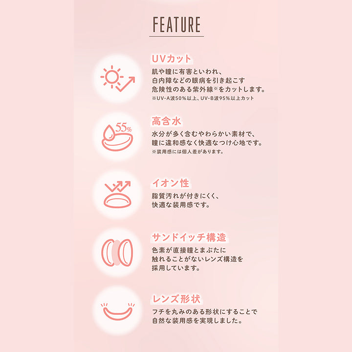 FEATURE, UVカット, 肌や瞳に有害といわれ、白内障などの眼病を引き起こす危険性のある紫外線をカットします。, ※ UV-A波50%以上、 UV-B波95%以上カット, 高含水 55%, 水分が多く含むやわらかい素材で、 瞳に違和感なく快適なつけ心地です。 ※装用感には個人差があります。, イオン性, 脂質汚れが付きにくく、快適な装用感です。, サンドイッチ構造, 色素が直接瞳とまぶたに触れることがないレンズ構造を採用しています。, レンズ形状, フチを丸みのある形状にすることで自然な装用感を実現しました。| メロール melloew 1day カラコン カラーコンタクト