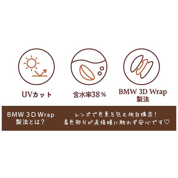 Uvカット,含水率38%,Bmw 3D Wrap製法,Bmw3D Wrap製法とは?,レンズで色素を包む独自構造!,着色部分が直接瞳に触れず安心です♡,Dia,14.5mm,15.0mm,着色直径,14.0~,14.4mm,Bc,8.7mm,度数,±0.00~,-8.00|フルーリーマンスリー(Flurry Monthly)1month カラコン カラーコンタクト