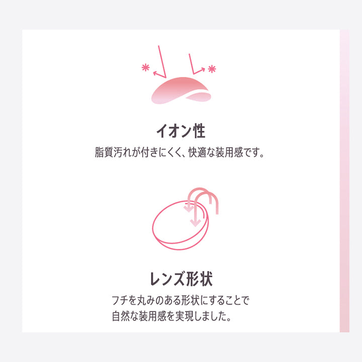 (特徴2)イオン性:脂質汚れが付きにくく、快適な装用感です。,レンズ形状:フチを丸みのある形状にすることで自然な装用感を実現しました。 | モラクワンデー Molak 1day カラコン カラーコンタクト