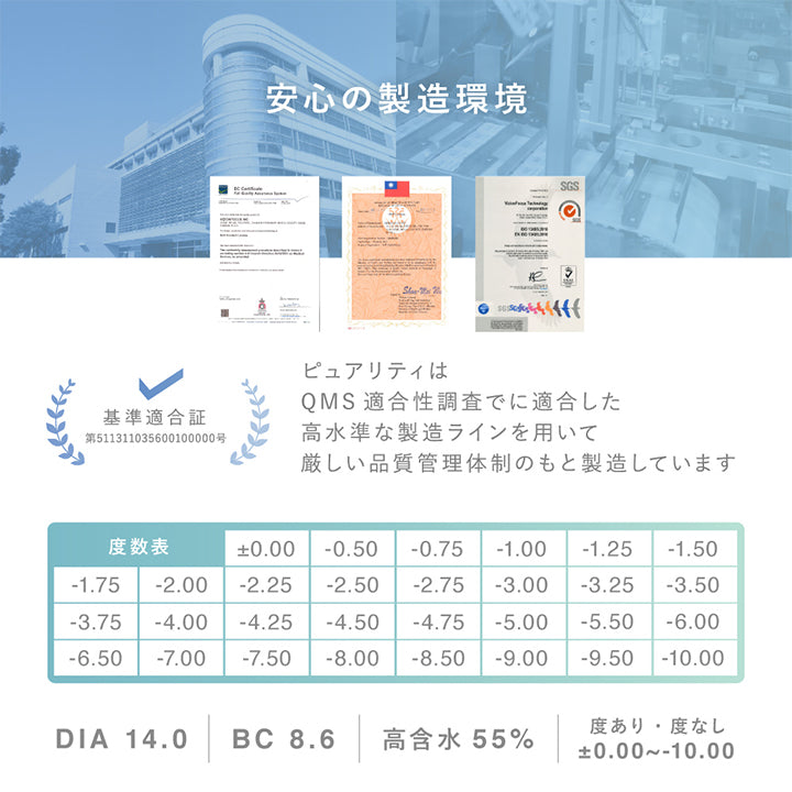 安心の製造環境,ピュアリティはQMS適合性調査に適合した高水準な製造ラインを用いて厳しい品質管理体制のもと製造しています,度数表 ±0.00 -0.50 -0.75 -1.00 -1.25 -1.50 -1.75 -2.00 -2.25 -2.50 -2.75 -3.00 -3.25 -3.50 -3.75 -4.00 -4.25 -4.50 -4.75 -5.00 -5.50 -6.00 -6.50 -7.00 -7.50 -8.00 -8.50 -9.00 -9.50 -10.00,DIA14.0 BC8.6 高含水55%,度あり度なし±0.00~-10.00 | ピュアリティサークルワンデー Purity Circle 1day カラコン カラーコンタクト