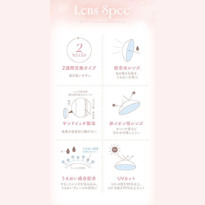 Lens Spec,2weeks,colorcontactlens,éRouge,2weeks,2週間交換タイプ,毎日使いやすい,低含水レンズ,目の乾きを防ぎ、,うるおいを保つ,レンズ断面図,着色部分拡大イメージ,瞳側,まぶた側 着色部,サンドイッチ製法,色素が直接目に触れない,非イオン性レンズ,タンパク質など,汚れが付着しにくい,うるおい成分,(Mpcポリマー),涙,レンズ表面,うるおい成分配合,やさしくレンズを包み込み、,うるおいヴェールの役割に,Uvカット,Uv-A波を90%以上、,Uv-B波を99%以上カット|エルージュ(eRouge) 2weeks カラコン カラーコンタクト