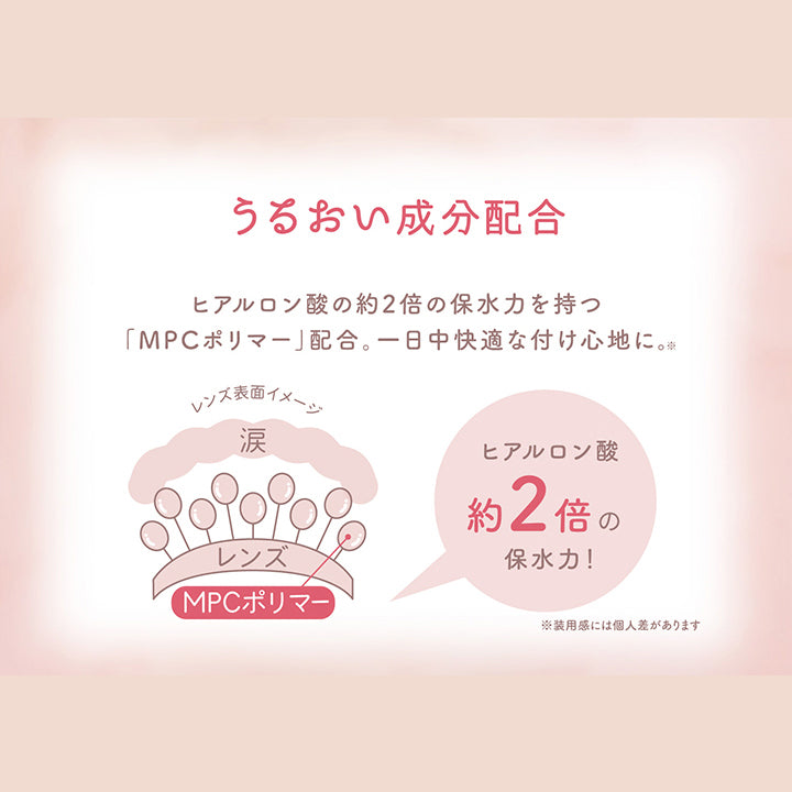 レンズスペック(Lens Spec2),エバーカラーワンデートーリック(Evercolor1Day Toric),うるおい成分配合:ヒアルロン酸の約2倍の保水力をもつ「MPCポリマー」配合。1日中快適なつけ心地に。※装用感には個人差があります。 | エバーカラーワンデートーリック Evercolor1Day Toric 乱視用 カラコン カラーコンタクト