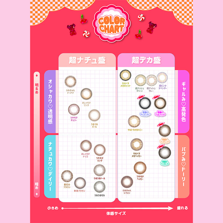 MOTECON ULTRA MONTHLY(超モテコンウルトラマンスリー),COLOR CHART,オシャカワ♡透明感,超ナチュ盛,ふわきゅんドーナツ,おしゃモテリング,つやモテチェリー,うるうるパール,ナチュカワ♡デイリー,おしゃモテトリコ,つやモテリング,最初の部アウン,本命ブラウン,うるうるドール,うるうるモカ,ギャルみ♡高発色,ウルトラメガキャット,超アッシュグリーン,超アッシュグレー,超ピンクラベンダー,超盛れキャンディグレー,超盛れシュガーベージュ,ウルトラメガハニー,超盛れリングベージュ,バブみ♡ドーリー,ウルトラメガベイビー,超盛れリングパール,つやモテベイビー,ふわきゅんシフォン|超モテコンウルトラマンスリーコンタクトレンズ