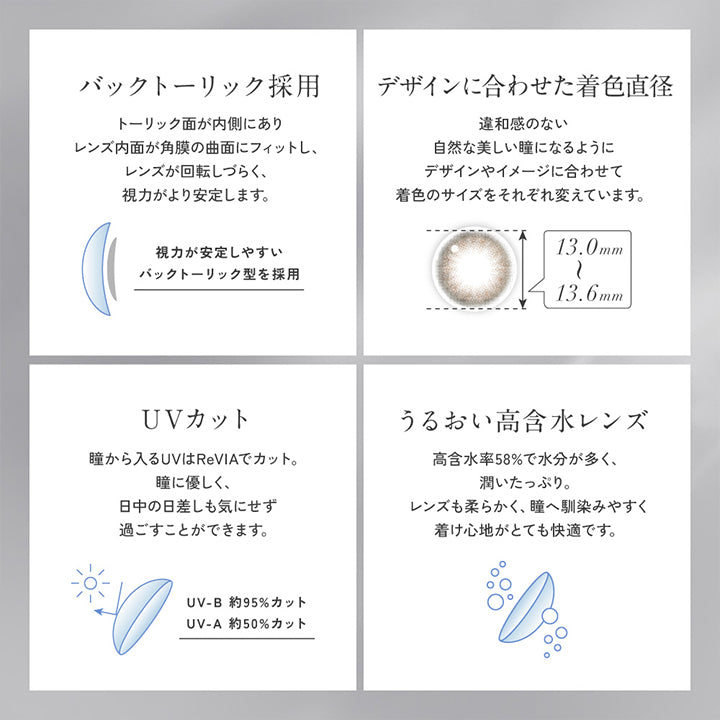 バックトーリック採用:トーリック面が内側にありレンズ内面が角膜の局面にフィットし、レンズが回転しずらく、視力がより安定します。, デザインに合わせた着色直径, UVカット:瞳から入るUVはReVIAでカット。瞳に優しく、日中の日差しも気にせず過ごすことができます。, うるおい高含水レンズ:高含水率58%で水分が多く、潤いたっぷり。レンズも柔らかく、瞳へ馴染みやすく着け心地がとても快適です。 | レヴィアトーリックワンデーカラー ReVia Toric 1day Color カラコン カラーコンタクト
