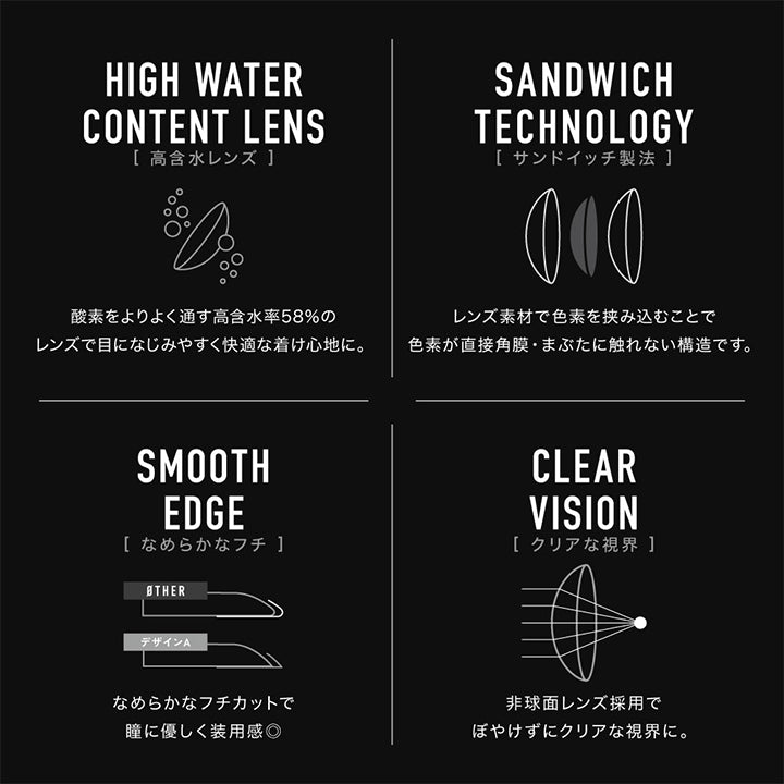 アザートーリックワンデー(Øther Toric 1Day)のレンズスペック2,高含水レンズ:酸素をよりよく通す高含水率58%のレンズで目になじみやすく快適なつけ心地に。,サンドイッチ製法:レンズ素材で色素を挟み込むことで色素が直接角膜・まぶたに触れない構造です。,なめらかなフチ:なめらかなフチカットで瞳に優しく装用感◎,クリアな視界:非球面レンズ採用でぼやけずにクリアな視界に | アザートーリックワンデー øther toric 1day 1day カラコン カラーコンタクト