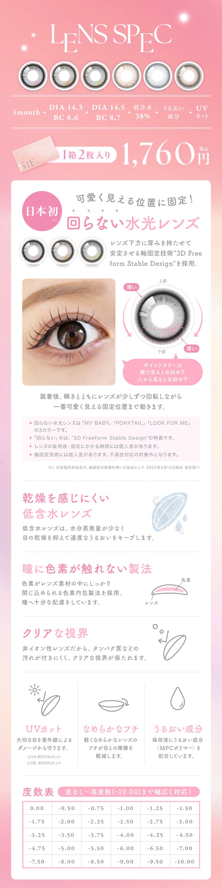 シーワンマンス(SIE.1month),LENS SPEC,1month,DIA 14.3,DIA 14.5,低含水38%,うるおい成分,BC 8.6,BC 8.7,UVカット,1箱2枚入り,1,760円,税込,日本初,可愛く見える位置に固定!,回らない水光レンズ,レンズ下方に厚みを持たせて安定させる軸固定技術