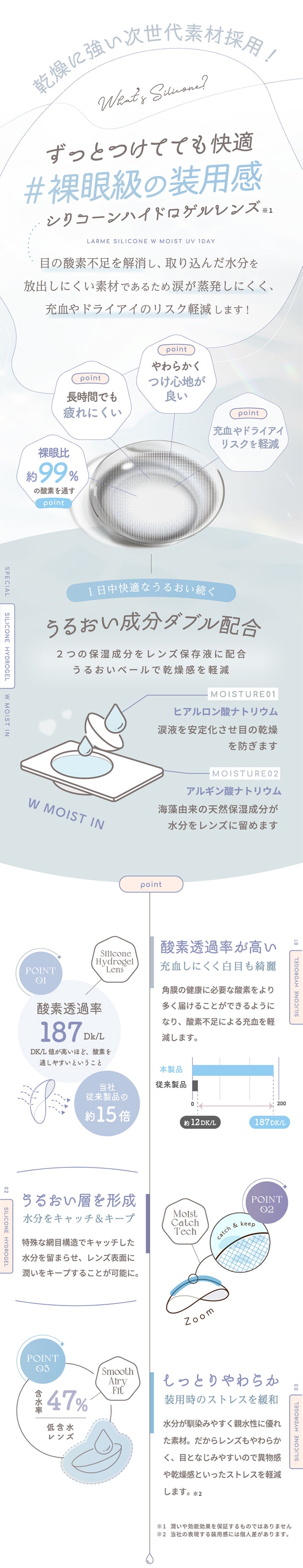 ラルムシリコンハイドロゲルダブルモイストUV,乾燥に強い次世代素材採用!,ずっとつけてても快適#裸眼級の装用感シリコーンハイドロゲルレンズ,うるおい成分ダブル配合,POINT01,酸素透過率が高い,充血しにくく白目も綺麗,POINT02,うるおい層を形成,水分をキャッチ&キープ,POINT03,含水率47%低含水レンズ,しっとりやわらか,装用時のストレスを緩和|ラルムシリコンハイドロゲルダブルモイストUV LARME SILICONE HYDROGEL W MOIST UV 1day カラコン カラーコンタクト