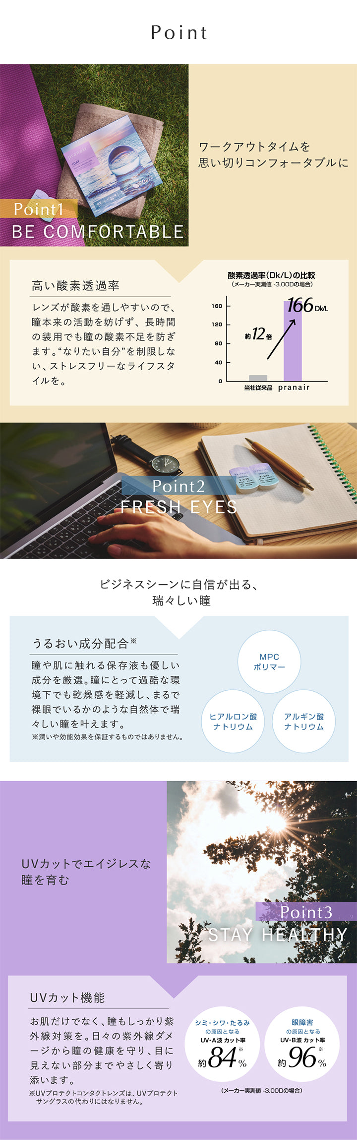 プラネアワンデー(pranair),ポイント,ワークアウトを思い切りコンフォータブルに,高い酸素透過率,ビジネスシーンに自信が出る、瑞々しい瞳,うるおい成分配合,UVカットでエイジレスな瞳を育む,UVカット機能|プラネアワンデー pranair 1day コンタクトレンズ