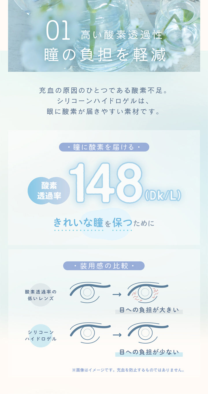 ルミアコンフォート2ウィークサークル(LuMia comfort 2week CIRCLE),01 高い酸素透過性,瞳の負担を軽減,充血の原因のひとつである酸素不足。,シリコーンハイドロゲルは、眼に酸素が届きやすい素材です。,瞳に酸素を届ける,酸素透過率,148(Dk/L),きれいな瞳を保つために,装用感の比較,酸素透過率の低いレンズ,目への負担が大きい,シリコーンハイドロゲル,目への負担が少ない,※画像はイメージです。充血を防止するものではありません。|ルミアコンフォート2ウィークサークル LuMia comfort 2week CIRCLE カラコン カラーコンタクト