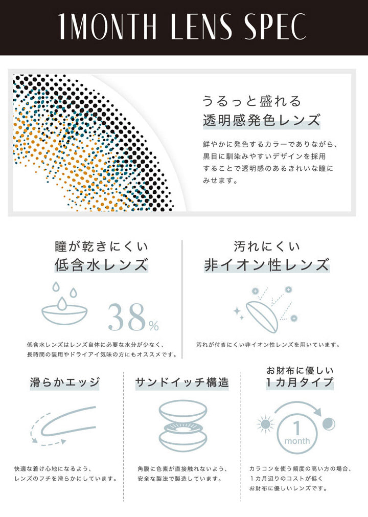リルムーンワンマンスのレンズスペック,うるっと盛れる透明感発色レンズ,瞳が乾きにくい低含水レンズ,汚れにくい非イオン性レンズ,滑らかエッジ,サンドイッチ構造,お財布に優しい一カ月タイプ|リルムーンワンマンス LILMOON 1MONTH カラコン カラーコンタクト