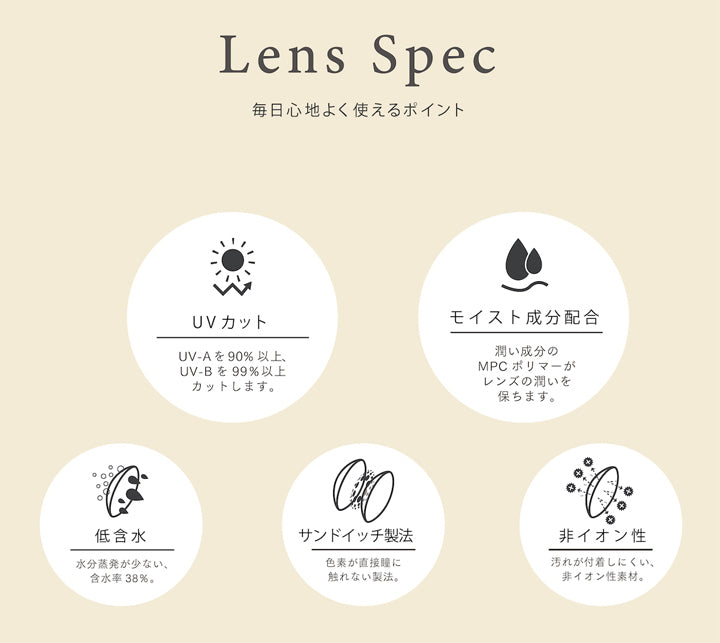 アーティラルユーヴイモイストワンデー(ARTIRAL UV&MOIST 1day),レンズスペック,毎日心地よく使えるポイント,UVカット,UV-A を90% 以上、UV-B を99%以上カットします,モイスト成分配合,潤い成分のMPC ポリマーが レンズの潤いを保ちます,低含水,水分蒸発が少ない、 含水率 38%,サンドイッチ製法,色素が直接瞳に 触れない製法,非イオン性,汚れが付着しにくい、 非イオン性素材,カラコン,カラーコンタクト