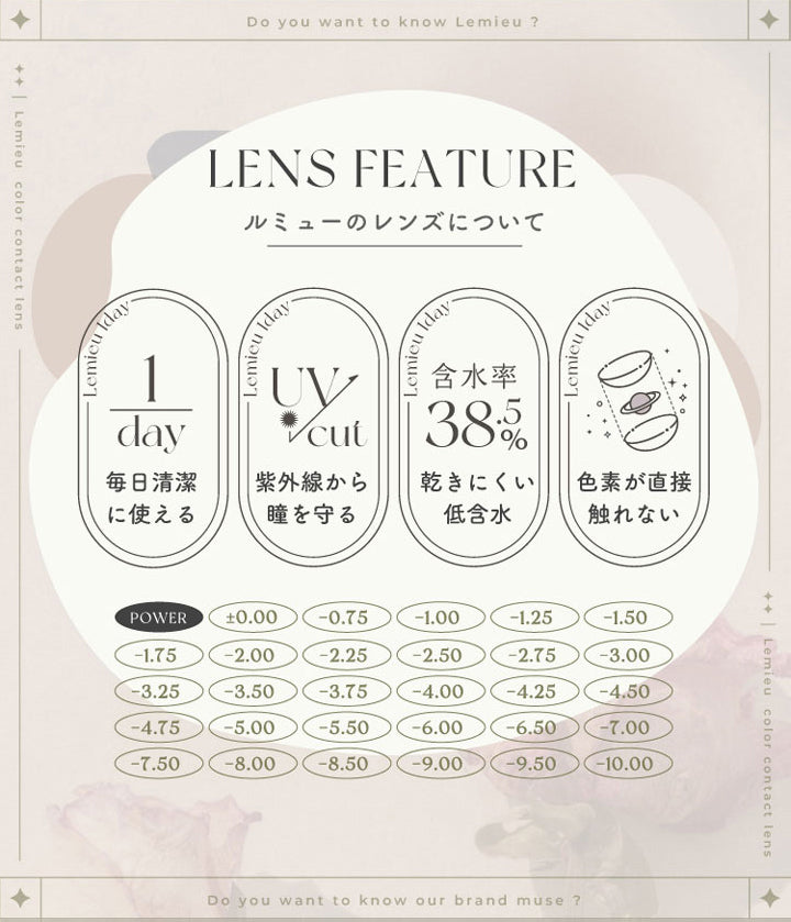 ルミューのレンズについて,毎日清潔に使える1day,紫外線から瞳を守るUV カット,乾きにくい低含水38.5%,色素が直接目に触れない|ルミュー(Lemieu)コンタクトレンズ