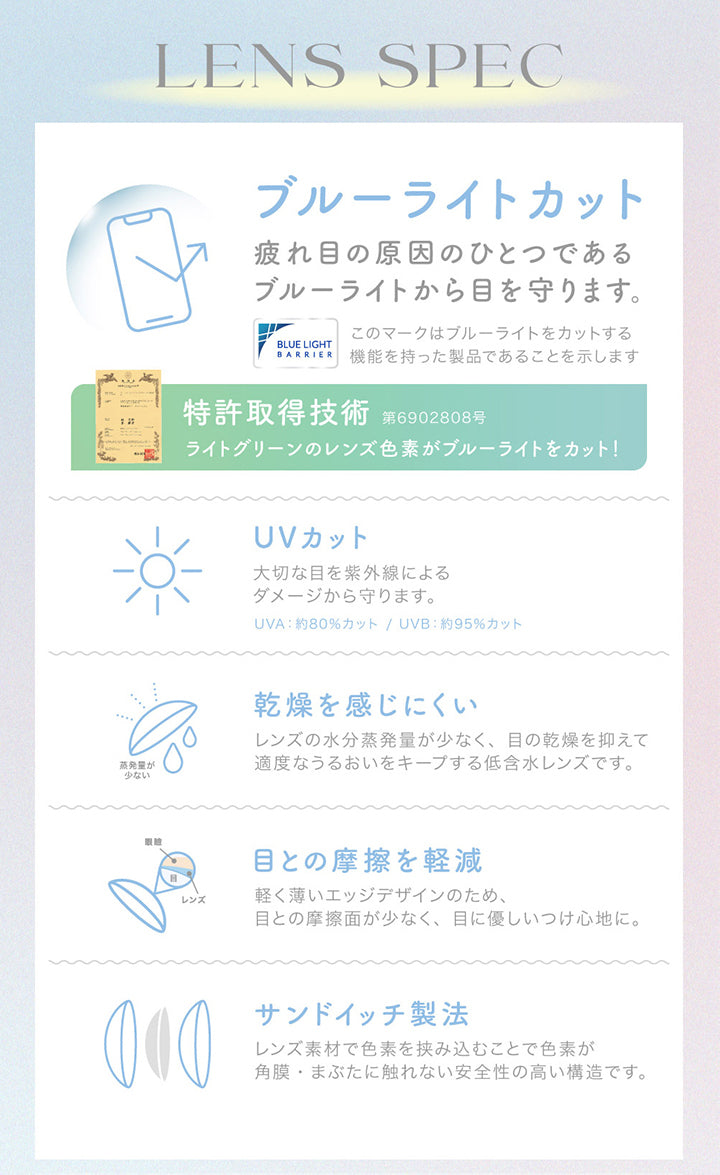 キャンディーマジックワンマンス(candymagic 1month),レンズスペック,ブルーライトカット,UVカット,乾燥を感じにくい,目との摩擦を軽減,サンドイッチ製法|キャンディーマジックワンマンス candymagic 1month カラコン カラーコンタクト